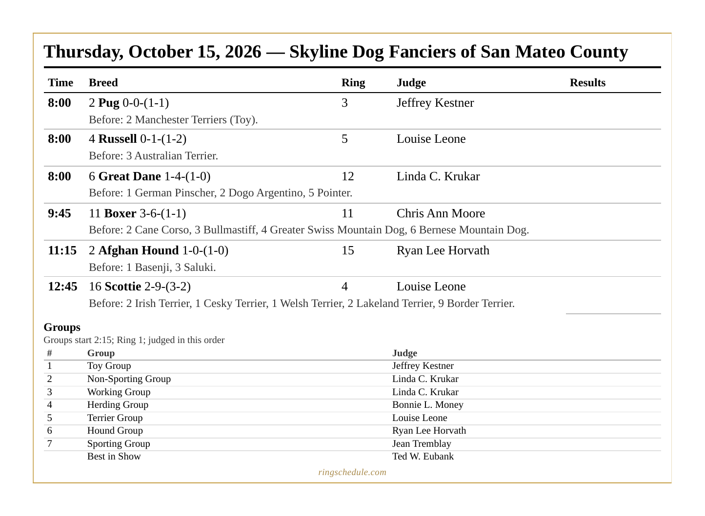 A printed one-page schedule for one show day.